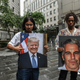 A protest group called “Hot Mess” hold up signs of Jeffrey Epstein and President Donald Trump in front of the Federal courthouse on July 8, 2019 in New York City.